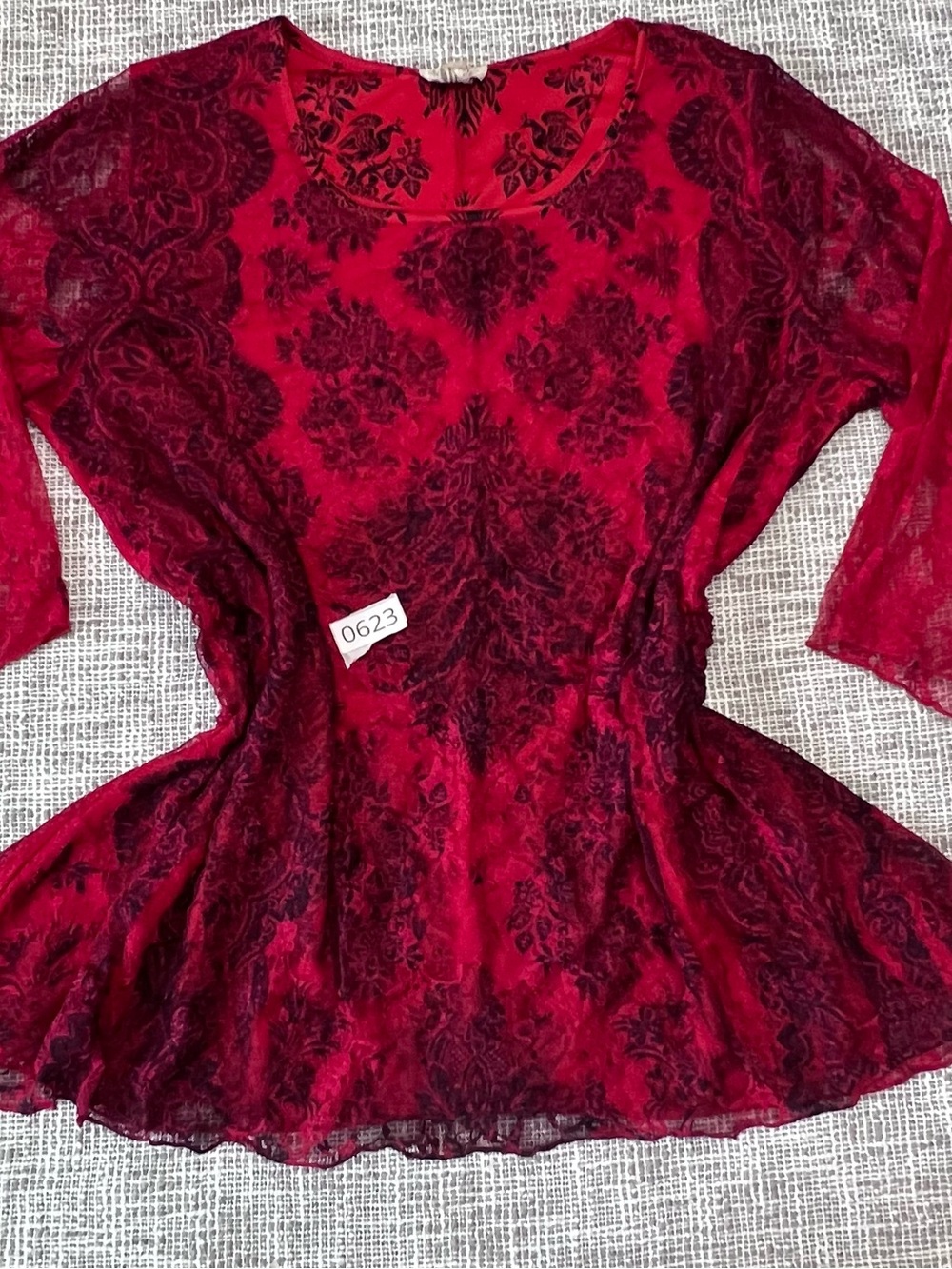 Brittany Black Red Burnout Lace Peplum Tunic